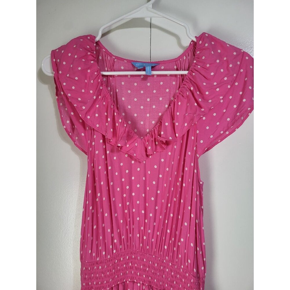 DRAPER JAMES Women's S Pink Polka Dot Flutter Sleeve Midi Dress Tiered Pockets - Picture 3 of 12